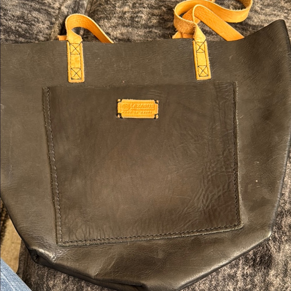 Lazarus Black Leather Tote Bag with Tan Straps